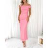 imageBTFBM Women 2025 Summer One Shoulder Bodycon Ruched Maxi Dresses Slit Mesh Long Formal Cocktail Wedding Guest DressPink