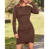 imageBTFBM Women Elegant Ruched Bodycon Dress 2025 Spring Long Sleeve Wrap Front Casual Basic Fitted Going Out Short DressesDark Brown