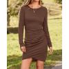 imageBTFBM Women Elegant Ruched Bodycon Dress 2025 Spring Long Sleeve Wrap Front Casual Basic Fitted Going Out Short DressesDark Brown