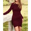 imageBTFBM Women Elegant Ruched Bodycon Dress 2025 Spring Long Sleeve Wrap Front Casual Basic Fitted Going Out Short DressesWine Red