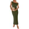 imageBTFBM Women 2025 Summer One Shoulder Bodycon Ruched Maxi Dresses Slit Mesh Long Formal Cocktail Wedding Guest DressArmy Green