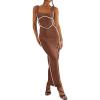 imageBTFBM Women Maxi Bodycon Dresses Square Neck Sleeveless Contrast Binding Split Cocktail Party Club Tank Long Dress 2025Solid Coffee