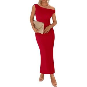 imageBTFBM Women 2025 Summer One Shoulder Bodycon Ruched Maxi Dresses Slit Mesh Long Formal Cocktail Wedding Guest DressRed