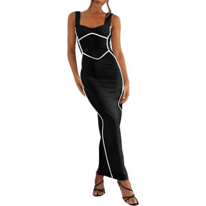 imageBTFBM Women Maxi Bodycon Dresses Square Neck Sleeveless Contrast Binding Split Cocktail Party Club Tank Long Dress 2025Solid Black