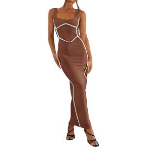 imageBTFBM Women Maxi Bodycon Dresses Square Neck Sleeveless Contrast Binding Split Cocktail Party Club Tank Long Dress 2025Solid Coffee