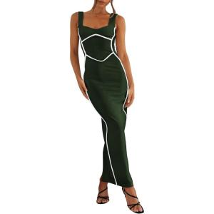 imageBTFBM Women Maxi Bodycon Dresses Square Neck Sleeveless Contrast Binding Split Cocktail Party Club Tank Long Dress 2025Solid Dark Green