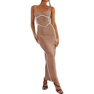 imageBTFBM Women Maxi Bodycon Dresses Square Neck Sleeveless Contrast Binding Split Cocktail Party Club Tank Long Dress 2025Solid Khaki