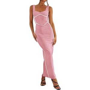 imageBTFBM Women Maxi Bodycon Dresses Square Neck Sleeveless Contrast Binding Split Cocktail Party Club Tank Long Dress 2025Solid Light Pink