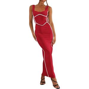 imageBTFBM Women Maxi Bodycon Dresses Square Neck Sleeveless Contrast Binding Split Cocktail Party Club Tank Long Dress 2025Solid Red