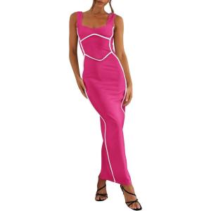 imageBTFBM Women Maxi Bodycon Dresses Square Neck Sleeveless Contrast Binding Split Cocktail Party Club Tank Long Dress 2025Solid Rose Red