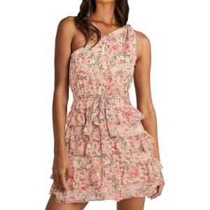 imageBTFBM Women One Shoulder Summer Dresses 2025 Floral Sundress High Waist Flowy A Line Mini Beach Wedding Guest DressFloral Pink