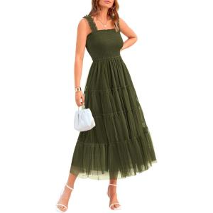 imageBTFBM Womens 2025 Summer Midi Dress Casual Sleeveless Square Neck Smocked Ruffle Tulle Party Wedding Guest DressesArmy Green