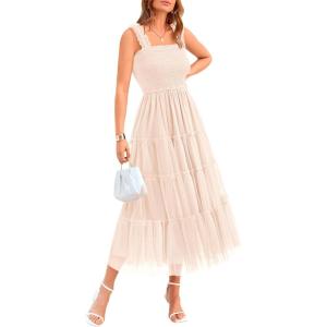 imageBTFBM Womens 2025 Summer Midi Dress Casual Sleeveless Square Neck Smocked Ruffle Tulle Party Wedding Guest DressesBeige
