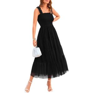 imageBTFBM Womens 2025 Summer Midi Dress Casual Sleeveless Square Neck Smocked Ruffle Tulle Party Wedding Guest DressesBlack