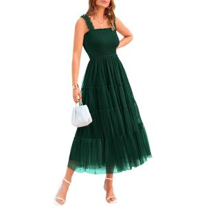 imageBTFBM Womens 2025 Summer Midi Dress Casual Sleeveless Square Neck Smocked Ruffle Tulle Party Wedding Guest DressesDark Green