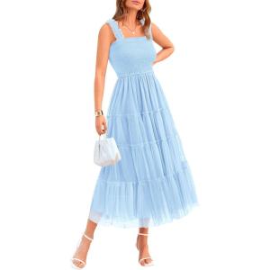 imageBTFBM Womens 2025 Summer Midi Dress Casual Sleeveless Square Neck Smocked Ruffle Tulle Party Wedding Guest DressesLight Blue