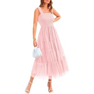 imageBTFBM Womens 2025 Summer Midi Dress Casual Sleeveless Square Neck Smocked Ruffle Tulle Party Wedding Guest DressesLight Pink