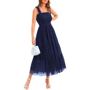 imageBTFBM Womens 2025 Summer Midi Dress Casual Sleeveless Square Neck Smocked Ruffle Tulle Party Wedding Guest DressesNavy