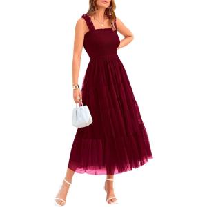 imageBTFBM Womens 2025 Summer Midi Dress Casual Sleeveless Square Neck Smocked Ruffle Tulle Party Wedding Guest DressesWine Red