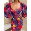 imageBTFBM 2025 Womens Summer Spring Bodycon Dress Cross V Neck Ruched Mesh Long Sleeve Party Short Formal Cocktail DressesBig Floral Navy Red