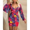 imageBTFBM 2025 Womens Summer Spring Bodycon Dress Cross V Neck Ruched Mesh Long Sleeve Party Short Formal Cocktail DressesBig Floral Navy Red