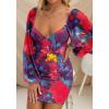 imageBTFBM 2025 Womens Summer Spring Bodycon Dress Cross V Neck Ruched Mesh Long Sleeve Party Short Formal Cocktail DressesBig Floral Navy Red