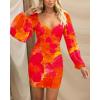 imageBTFBM 2025 Womens Summer Spring Bodycon Dress Cross V Neck Ruched Mesh Long Sleeve Party Short Formal Cocktail DressesBig Floral Orange Red