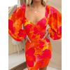imageBTFBM 2025 Womens Summer Spring Bodycon Dress Cross V Neck Ruched Mesh Long Sleeve Party Short Formal Cocktail DressesBig Floral Orange Red