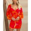 imageBTFBM 2025 Womens Summer Spring Bodycon Dress Cross V Neck Ruched Mesh Long Sleeve Party Short Formal Cocktail DressesBig Floral Orange Red