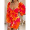 imageBTFBM 2025 Womens Summer Spring Bodycon Dress Cross V Neck Ruched Mesh Long Sleeve Party Short Formal Cocktail DressesBig Floral Orange Red
