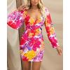 imageBTFBM 2025 Womens Summer Spring Bodycon Dress Cross V Neck Ruched Mesh Long Sleeve Party Short Formal Cocktail DressesBig Floral Red Purple