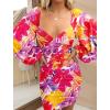 imageBTFBM 2025 Womens Summer Spring Bodycon Dress Cross V Neck Ruched Mesh Long Sleeve Party Short Formal Cocktail DressesBig Floral Red Purple