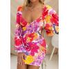 imageBTFBM 2025 Womens Summer Spring Bodycon Dress Cross V Neck Ruched Mesh Long Sleeve Party Short Formal Cocktail DressesBig Floral Red Purple