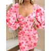 imageBTFBM 2025 Womens Summer Spring Bodycon Dress Cross V Neck Ruched Mesh Long Sleeve Party Short Formal Cocktail DressesPrint Pink