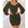 imageBTFBM 2025 Womens Summer Spring Bodycon Dress Cross V Neck Ruched Mesh Long Sleeve Party Short Formal Cocktail DressesSolid Army Green