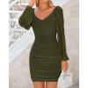 imageBTFBM 2025 Womens Summer Spring Bodycon Dress Cross V Neck Ruched Mesh Long Sleeve Party Short Formal Cocktail DressesSolid Army Green