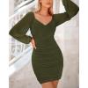 imageBTFBM 2025 Womens Summer Spring Bodycon Dress Cross V Neck Ruched Mesh Long Sleeve Party Short Formal Cocktail DressesSolid Army Green