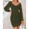 imageBTFBM 2025 Womens Summer Spring Bodycon Dress Cross V Neck Ruched Mesh Long Sleeve Party Short Formal Cocktail DressesSolid Army Green
