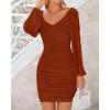 imageBTFBM 2025 Womens Summer Spring Bodycon Dress Cross V Neck Ruched Mesh Long Sleeve Party Short Formal Cocktail DressesSolid Caramel