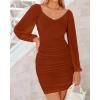 imageBTFBM 2025 Womens Summer Spring Bodycon Dress Cross V Neck Ruched Mesh Long Sleeve Party Short Formal Cocktail DressesSolid Caramel