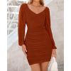 imageBTFBM 2025 Womens Summer Spring Bodycon Dress Cross V Neck Ruched Mesh Long Sleeve Party Short Formal Cocktail DressesSolid Caramel