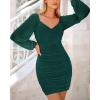 imageBTFBM 2025 Womens Summer Spring Bodycon Dress Cross V Neck Ruched Mesh Long Sleeve Party Short Formal Cocktail DressesSolid Green