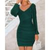 imageBTFBM 2025 Womens Summer Spring Bodycon Dress Cross V Neck Ruched Mesh Long Sleeve Party Short Formal Cocktail DressesSolid Green