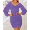 imageBTFBM 2025 Womens Summer Spring Bodycon Dress Cross V Neck Ruched Mesh Long Sleeve Party Short Formal Cocktail DressesSolid Grey Purple