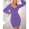 imageBTFBM 2025 Womens Summer Spring Bodycon Dress Cross V Neck Ruched Mesh Long Sleeve Party Short Formal Cocktail DressesSolid Grey Purple