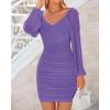 imageBTFBM 2025 Womens Summer Spring Bodycon Dress Cross V Neck Ruched Mesh Long Sleeve Party Short Formal Cocktail DressesSolid Grey Purple