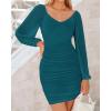 imageBTFBM 2025 Womens Summer Spring Bodycon Dress Cross V Neck Ruched Mesh Long Sleeve Party Short Formal Cocktail DressesSolid Lake Blue