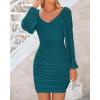 imageBTFBM 2025 Womens Summer Spring Bodycon Dress Cross V Neck Ruched Mesh Long Sleeve Party Short Formal Cocktail DressesSolid Lake Blue