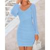 imageBTFBM 2025 Womens Summer Spring Bodycon Dress Cross V Neck Ruched Mesh Long Sleeve Party Short Formal Cocktail DressesSolid Light Blue