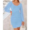 imageBTFBM 2025 Womens Summer Spring Bodycon Dress Cross V Neck Ruched Mesh Long Sleeve Party Short Formal Cocktail DressesSolid Light Blue